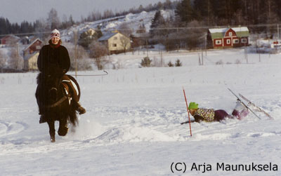 Minna Toivonen / Kitla fr Borgns ja Leena Toivonen hiihtoesteratsastuskisoissa n. vuonna 1992